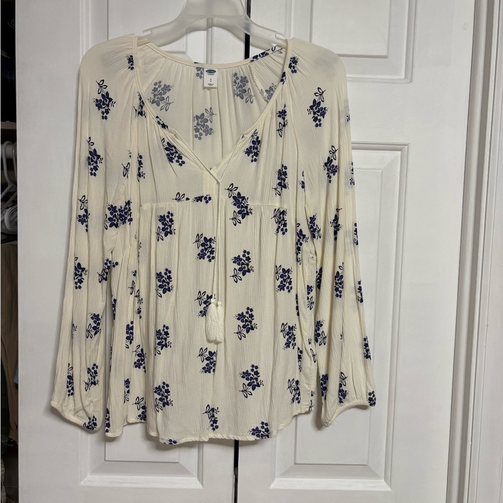 Floral Print V-Neck Blouse - Cream and Blue